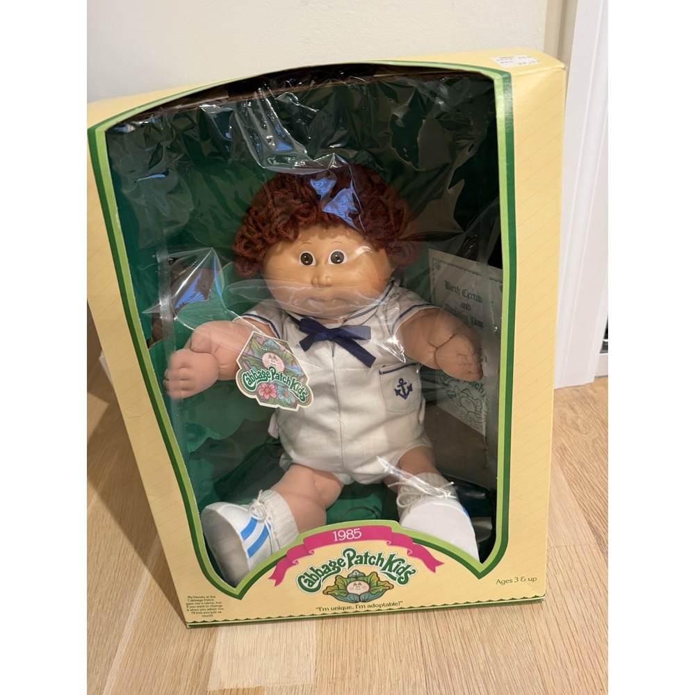 1985 Cabbage Patch Kids Boy Doll w/BOX Brown Hair & Eyes Dimples Sailor tag/cert